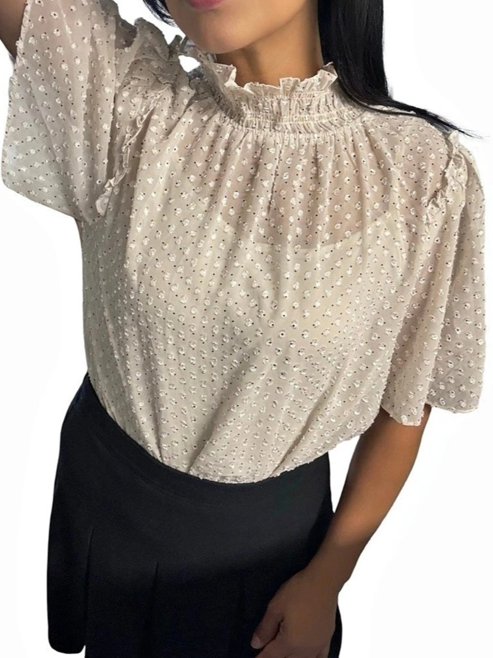 Everleigh Textured Polka Dot Pattern Ruffle Blouse in Beige Size Medium
